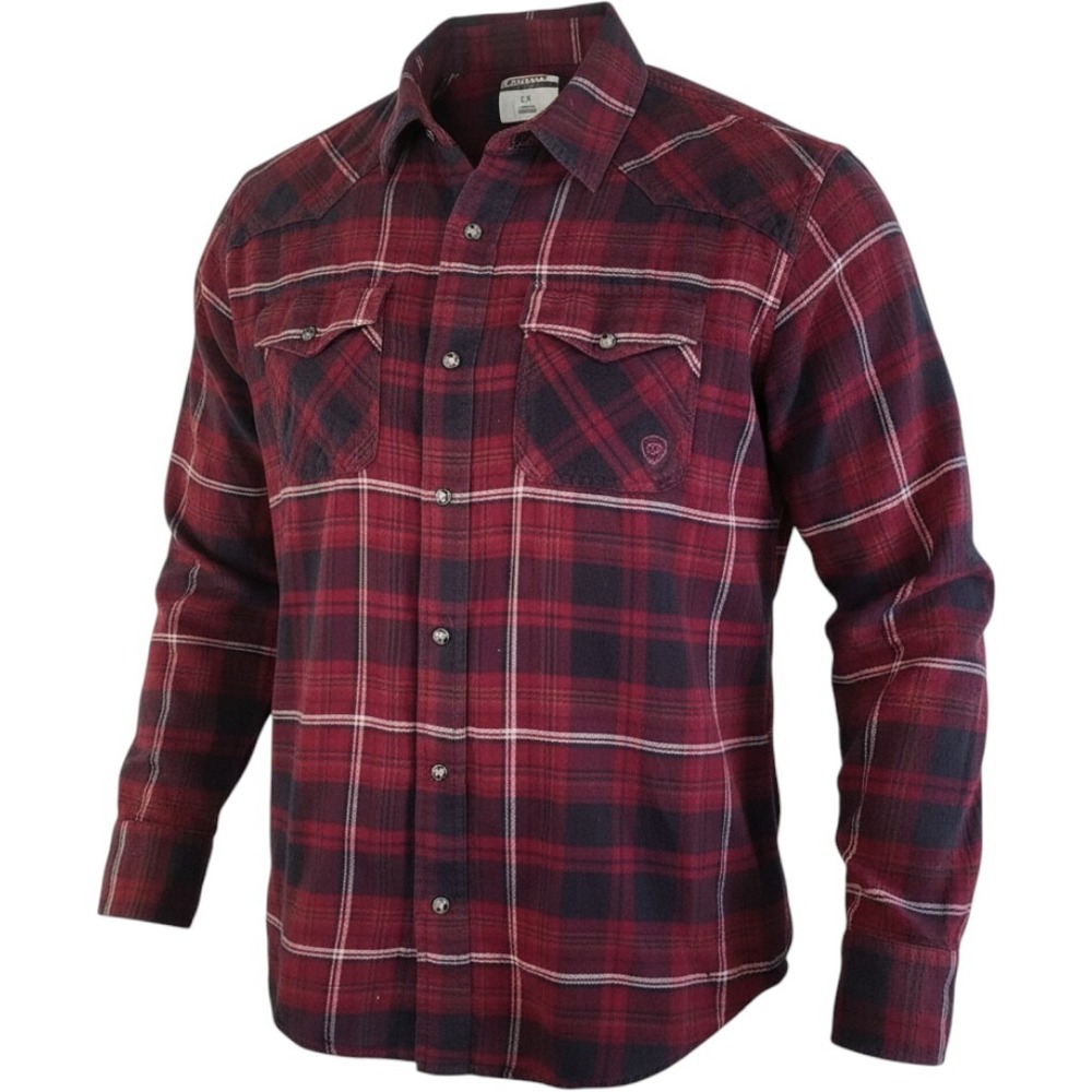 ARIAT Western Pearl Snap Shirt Mens Large Red Plaid Cotton Flannel‎ Long Sleeve